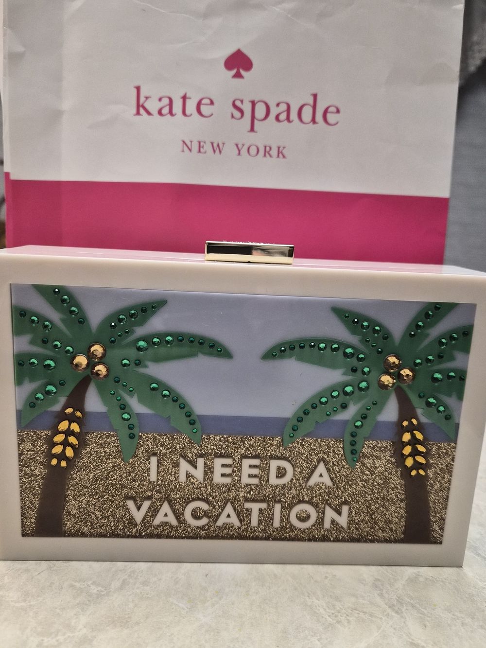 kate spade Palm Tree "I Need A Vacation" Acrylic Clutch - Green & Gold